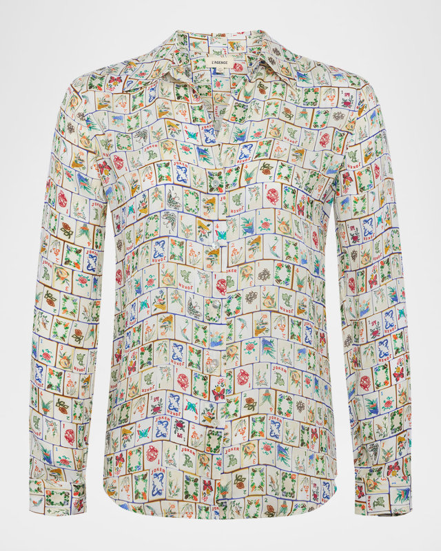 Nina Mahjong Button-Front Silk Blous
